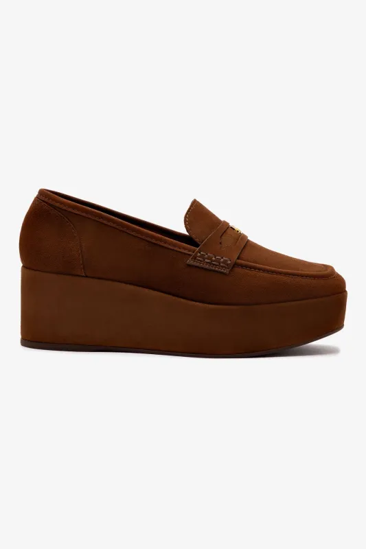 Suki Flatform Loafer In Burnt Umber Suede sold by Larroude