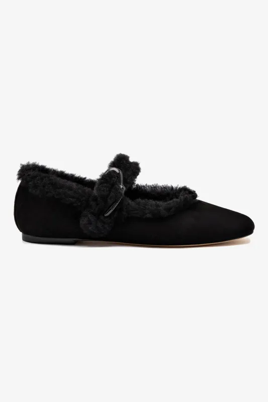 Verona Ballet Flat In Black Suede And Black Shearling sold by Larroude