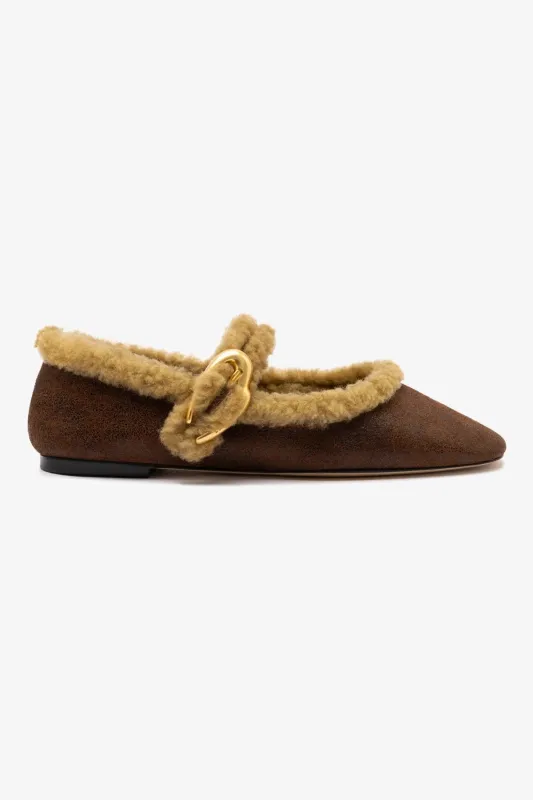 Verona Ballet Flat In Cocoa Leather And Natural Shearling sold by Larroude