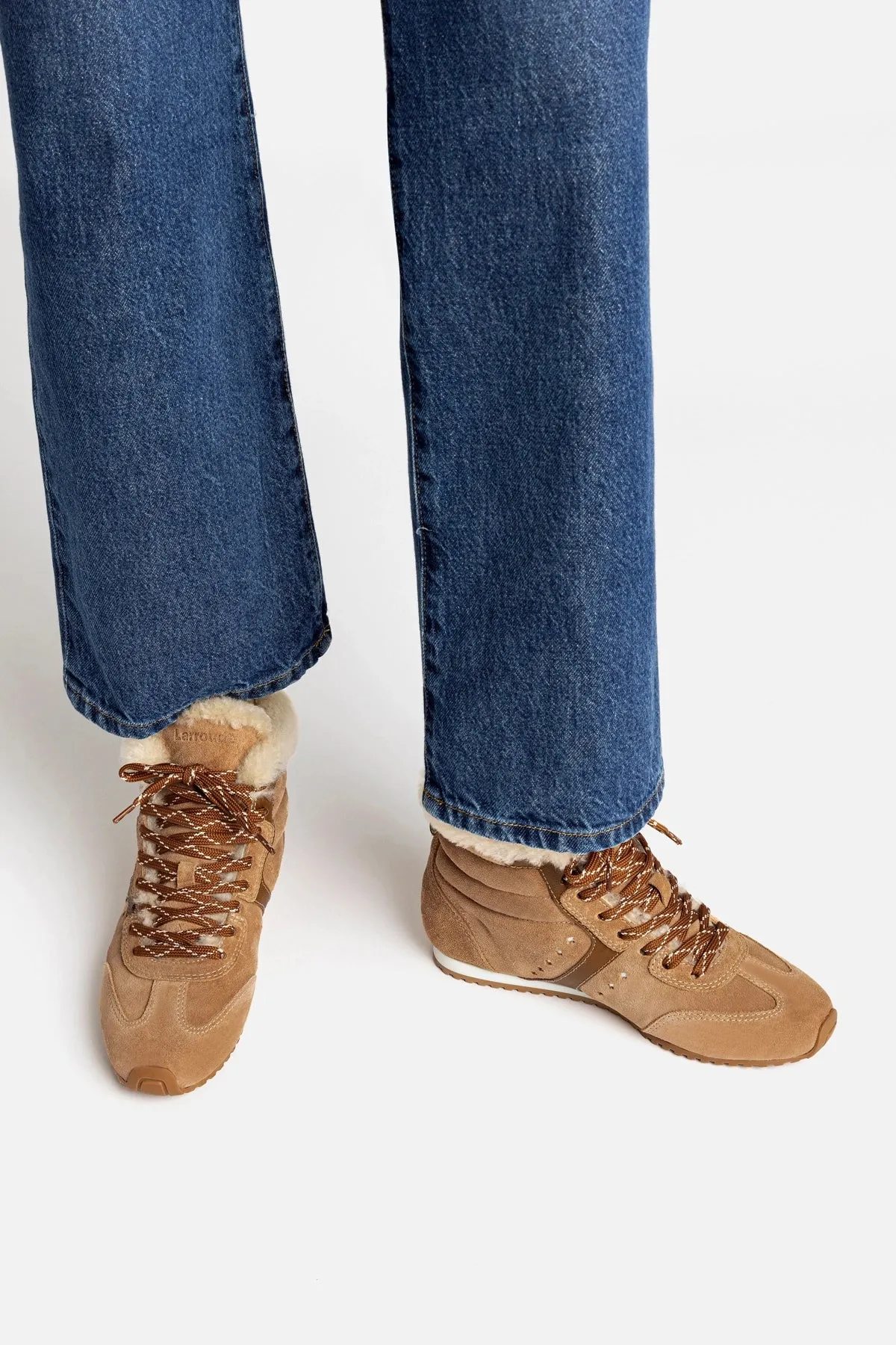 Stella Mid Sneaker In Peanut Suede And Natural Shearling sold by Larroude product image thumbnail 2