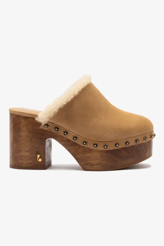 Miso Wooden Platform Clog In Peanut Suede And Natural Shearling sold by Larroude