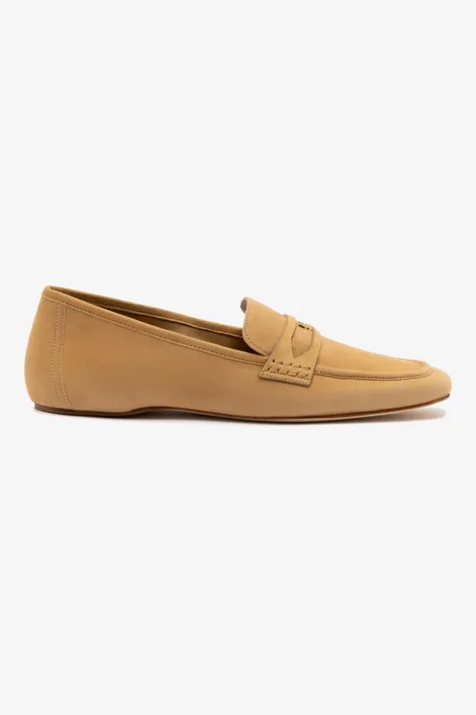 Suki Flat Loafer In Peanut Suede sold by Larroude