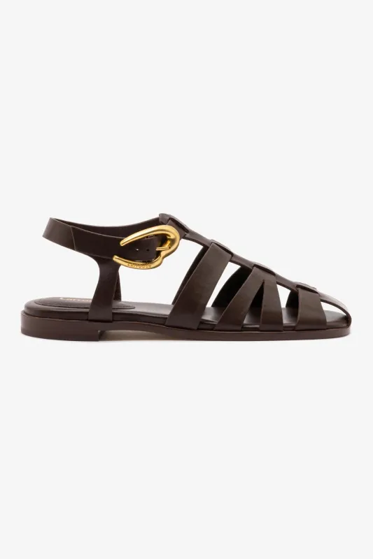 Stevie Flat Sandal In Brown Leather sold by Larroude