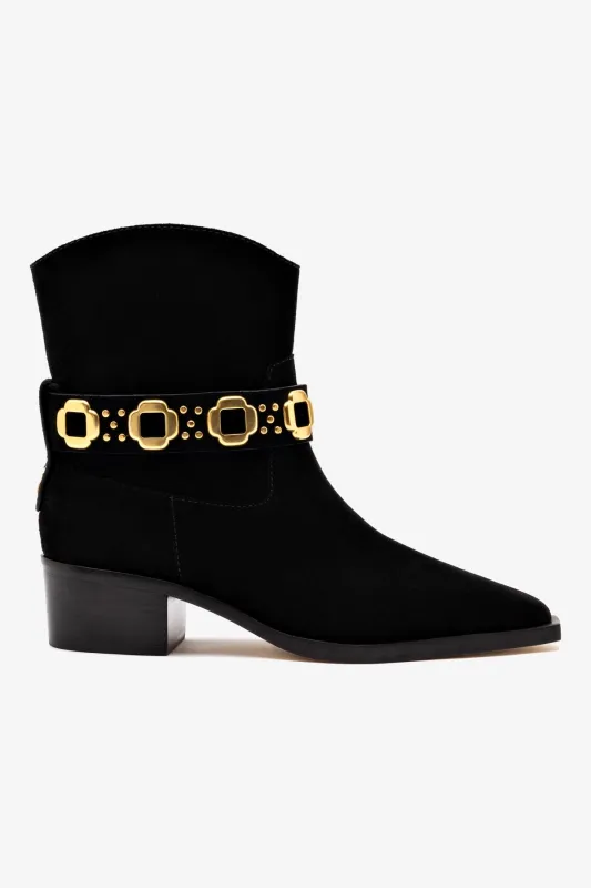 Milan Rodeo Bootie In Black Suede sold by Larroude