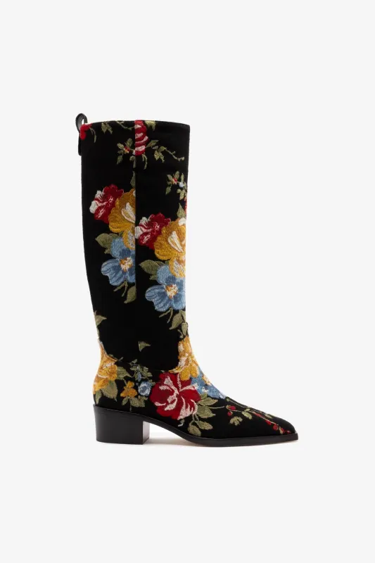 Larroudé x Markarian Florencia Boot In Floral Embroidery Black Fabric sold by Larroude