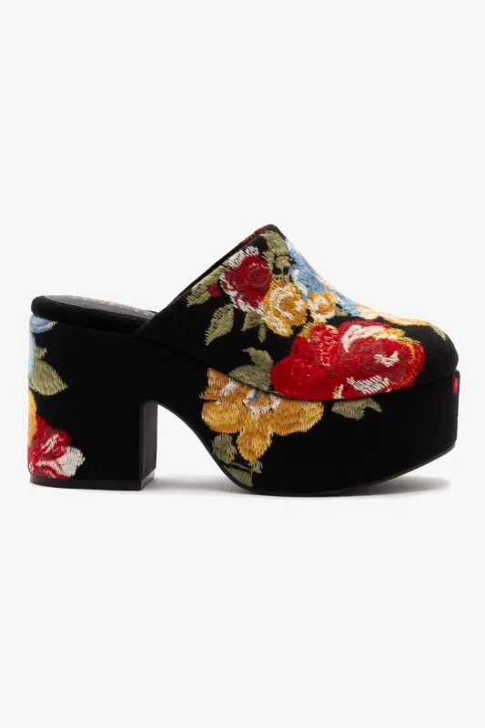 Larroudé x Markarian Miso Clog In Floral Embroidery Black Fabric sold by Larroude