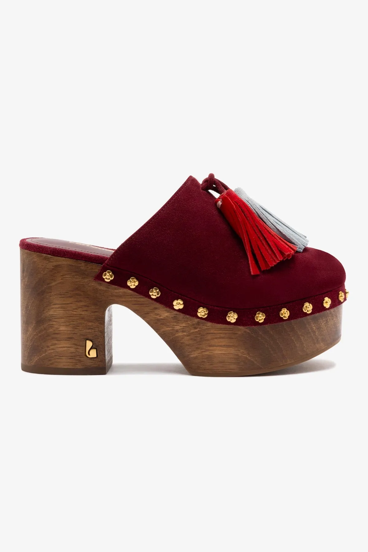 Miso Wooden Tassel Clog In Burgundy Suede sold by Larroude