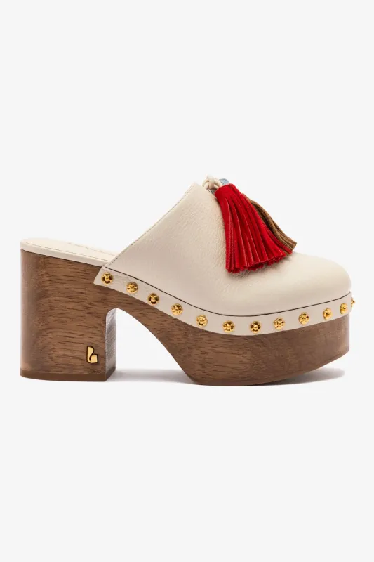 Miso Wooden Tassel Clog In Ivory Leather made by Larroude