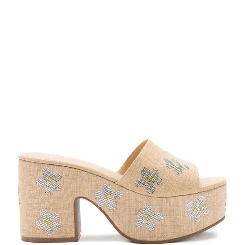 Miso Platform Sandal In Beige Raffia and Floral Crystals sold by Larroude