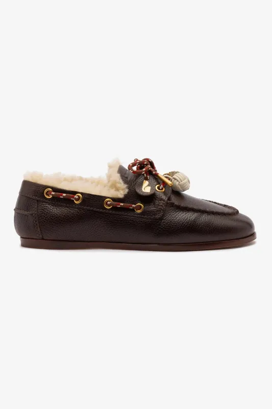 Cyprus Boat Shoe In Brown Leather and Natural Shearling sold by Larroude
