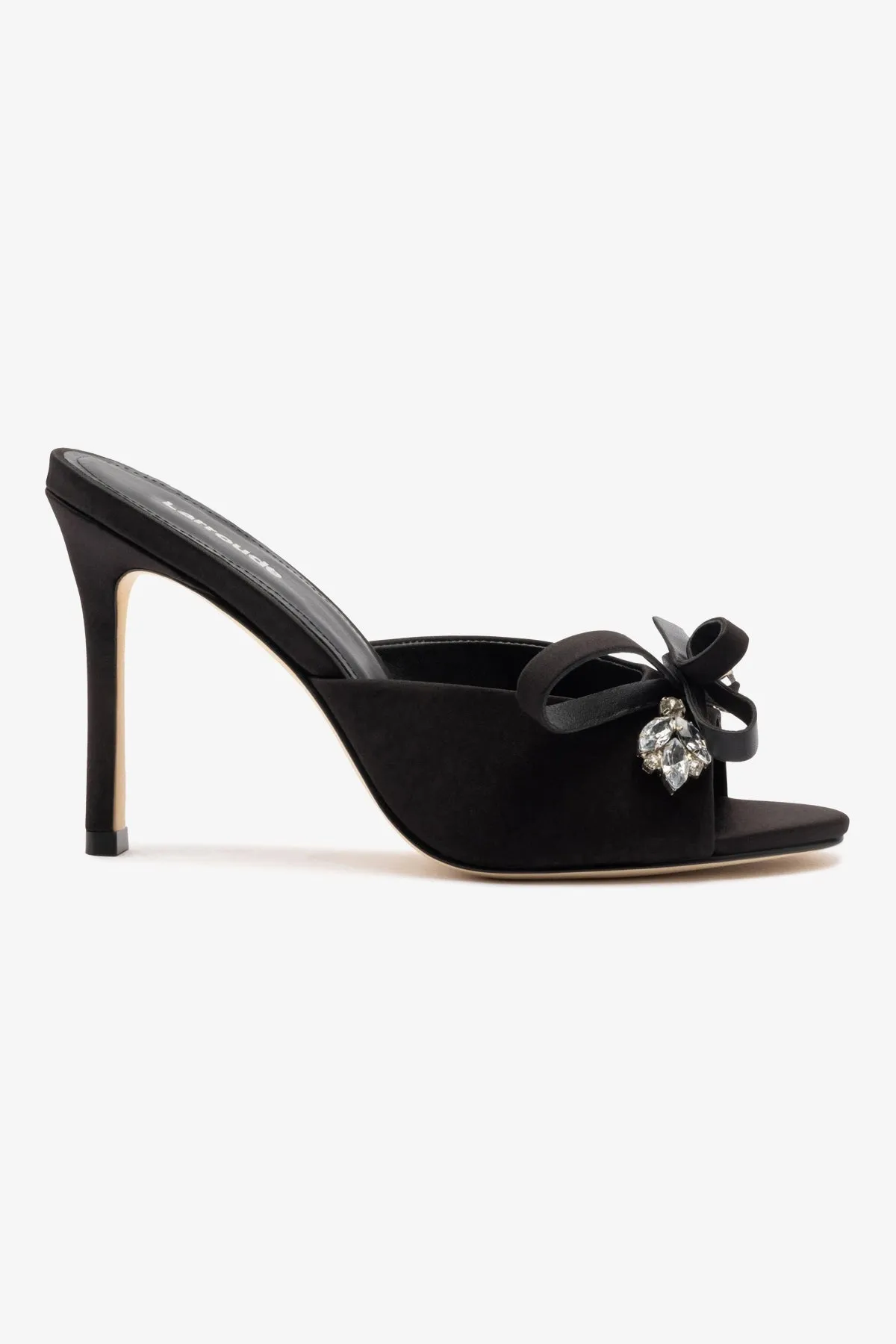 Rosett Mule In Black Satin sold by Larroude
