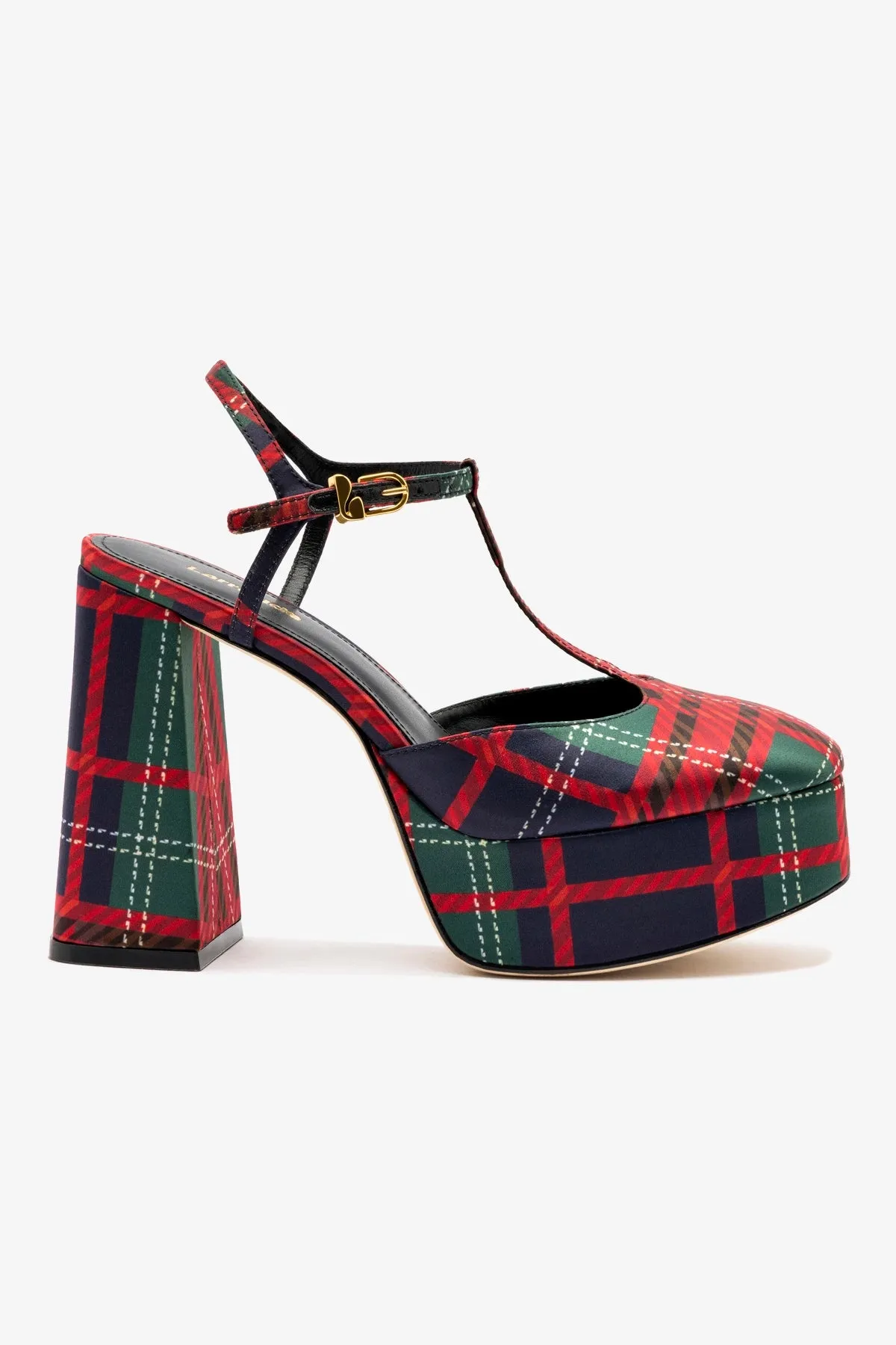 Pixie Pump In Red Tartan Satin sold by Larroude
