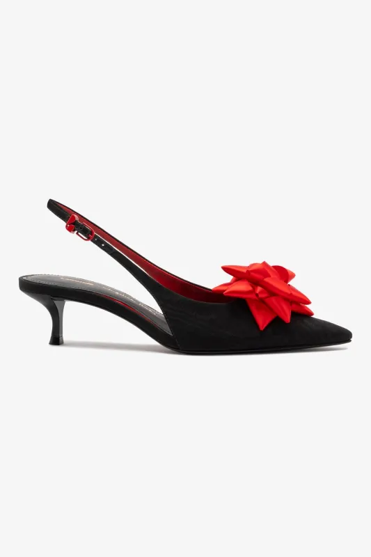 Larroudé x Angelica Hicks Bow Pump Low In Black Silk sold by Larroude