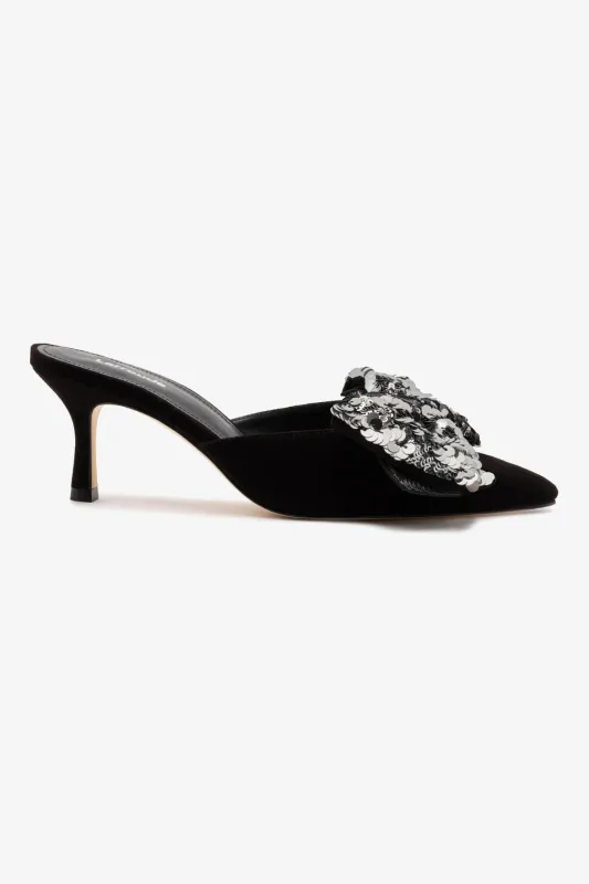 Mini Elle Pump In Black Suede and Silver Sequins sold by Larroude