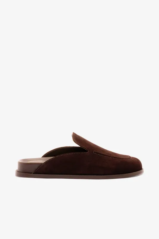 Larroudé x Parke Clog In Brown Suede sold by Larroude