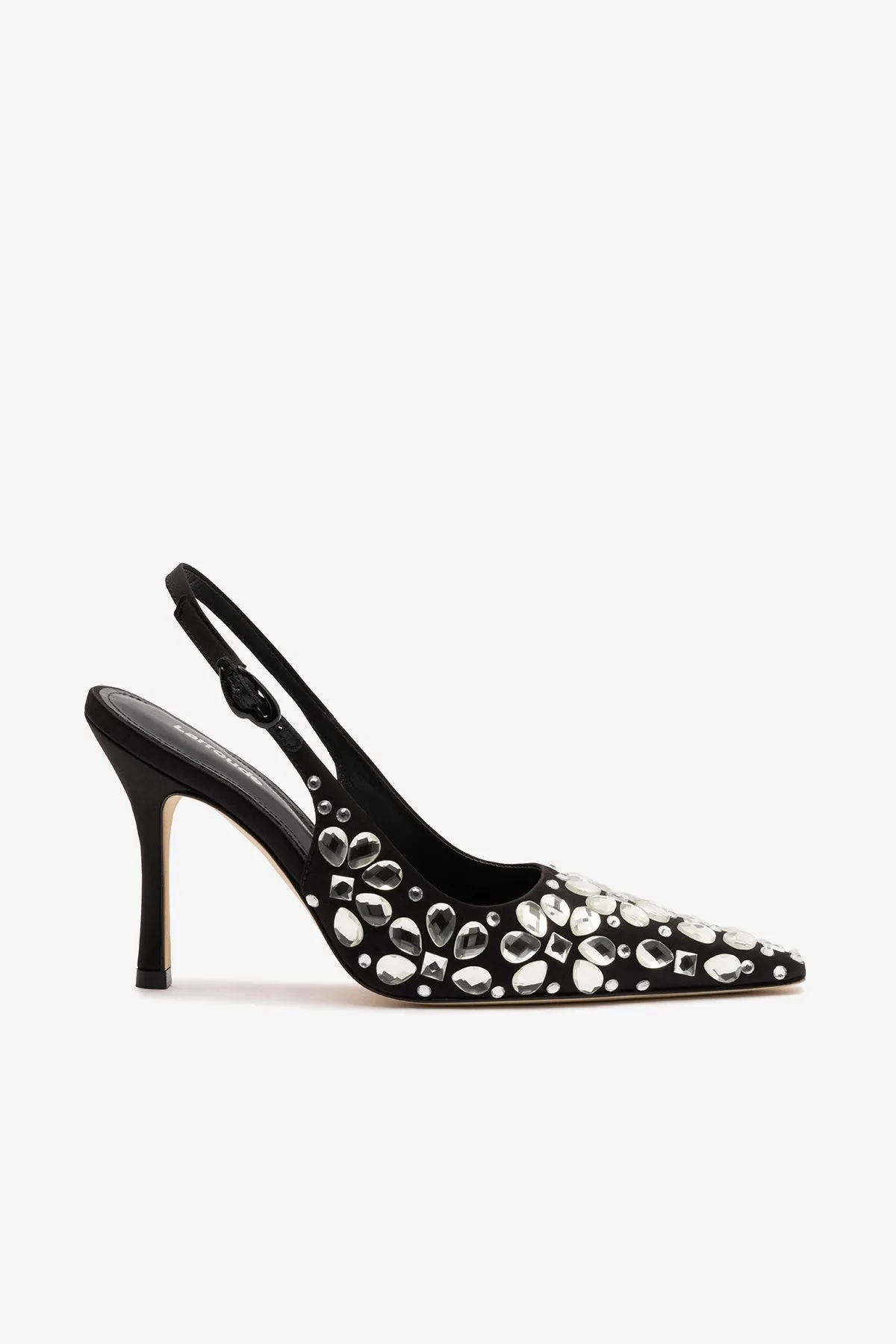 Carine Crystal Pump In Black Satin sold by Larroude