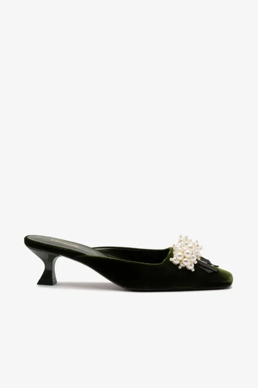 Amal Pearl Mule In Bosco Velvet sold by Larroude