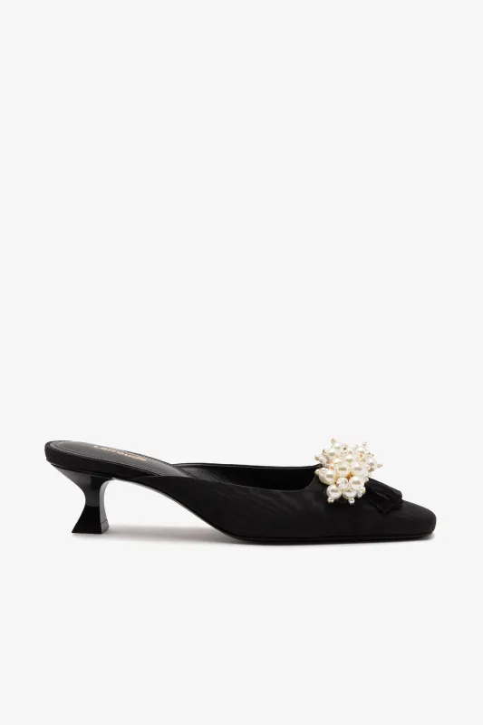 Amal Pearl Mule In Black Fabric sold by Larroude