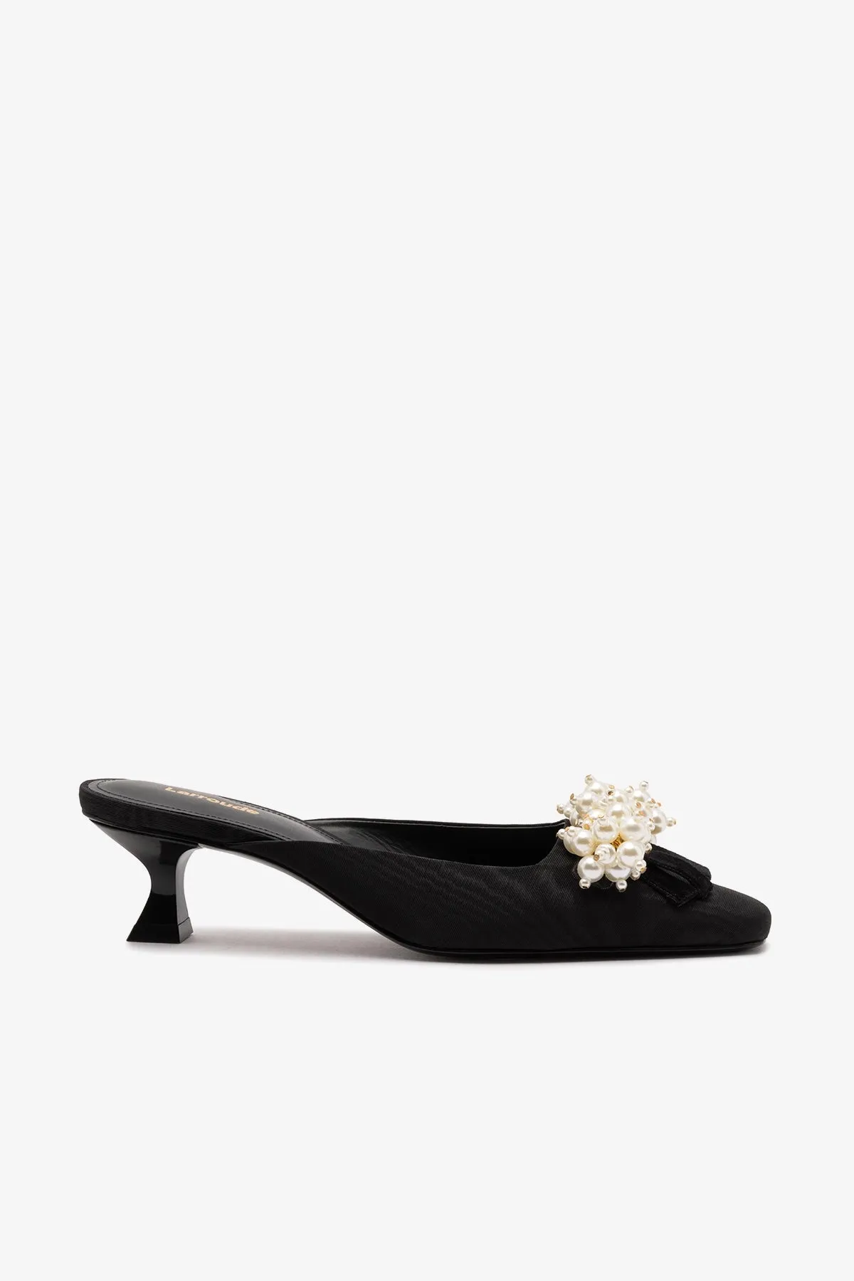 Amal Pearl Mule In Black Fabric sold by Larroude