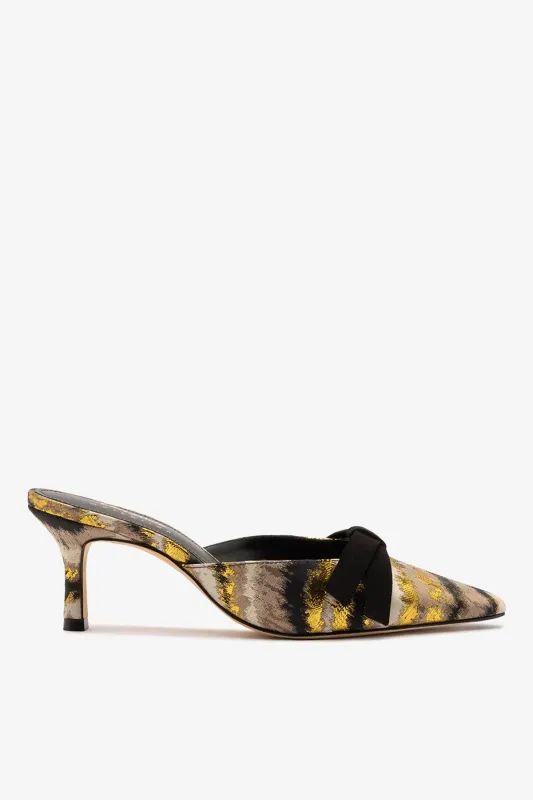 Larroudé x Markarian Mule In Floral Embroidery Gold Fabric sold by Larroude