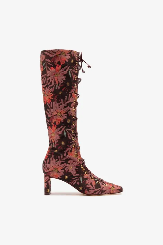 Larroudé x Markarian Alexis Hi Boot In Floral Embroidery Burgundy Fabric sold by Larroude