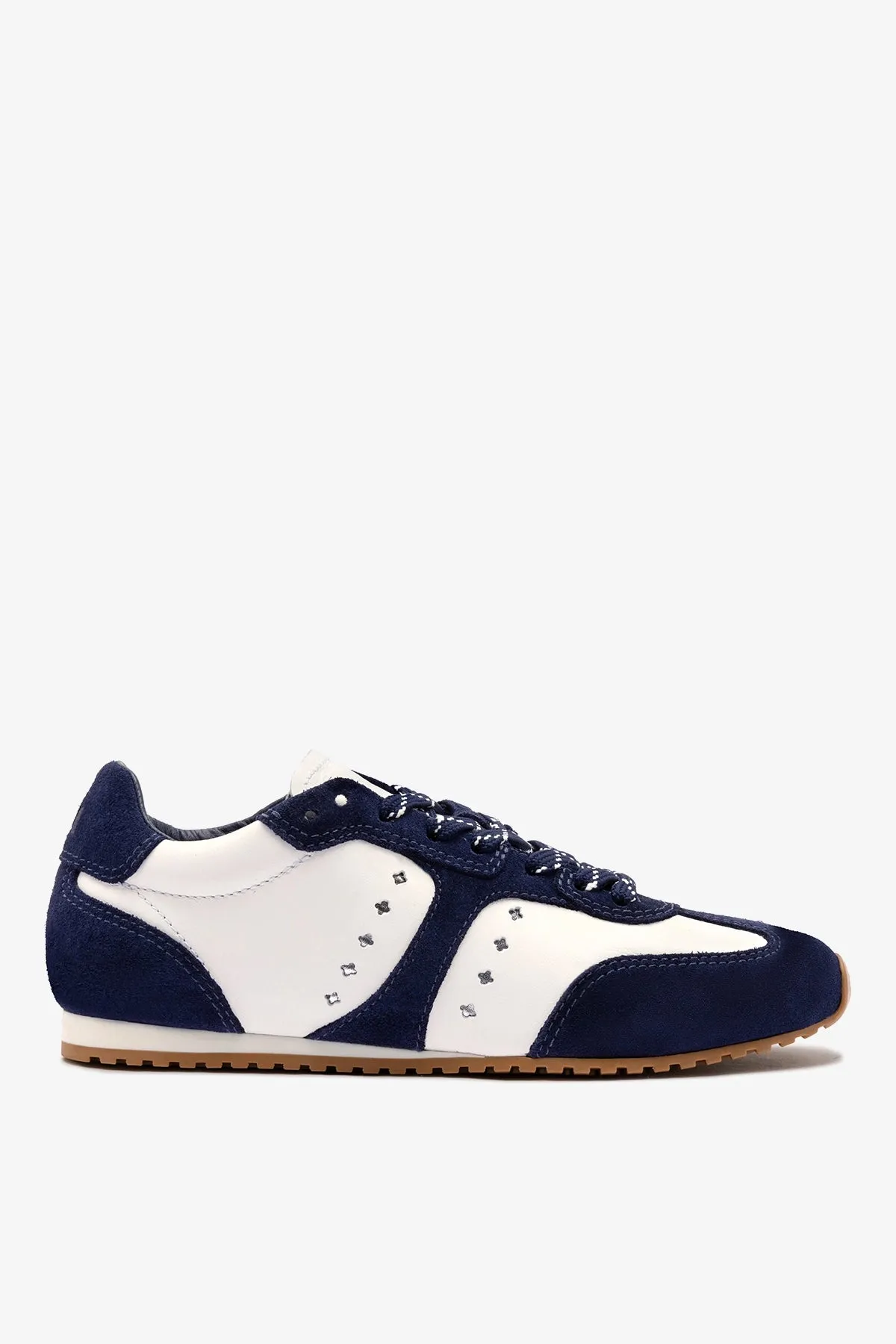 Stella Sneaker In White Leather and Indigo Suede sold by Larroude
