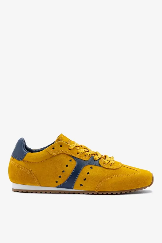 Stella Sneaker In Yellow Suede and Navy Leather sold by Larroude