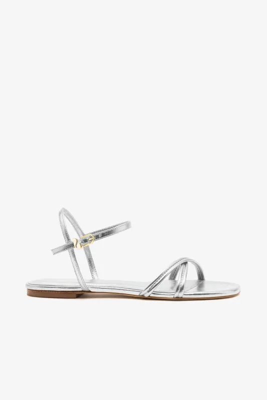 Annie Sandal Ankle Tie In Silver Metallic Leather sold by Larroude