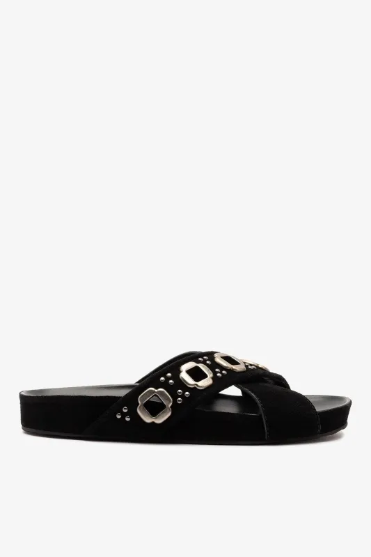 Milan Studs Slide In Black Suede sold by Larroude