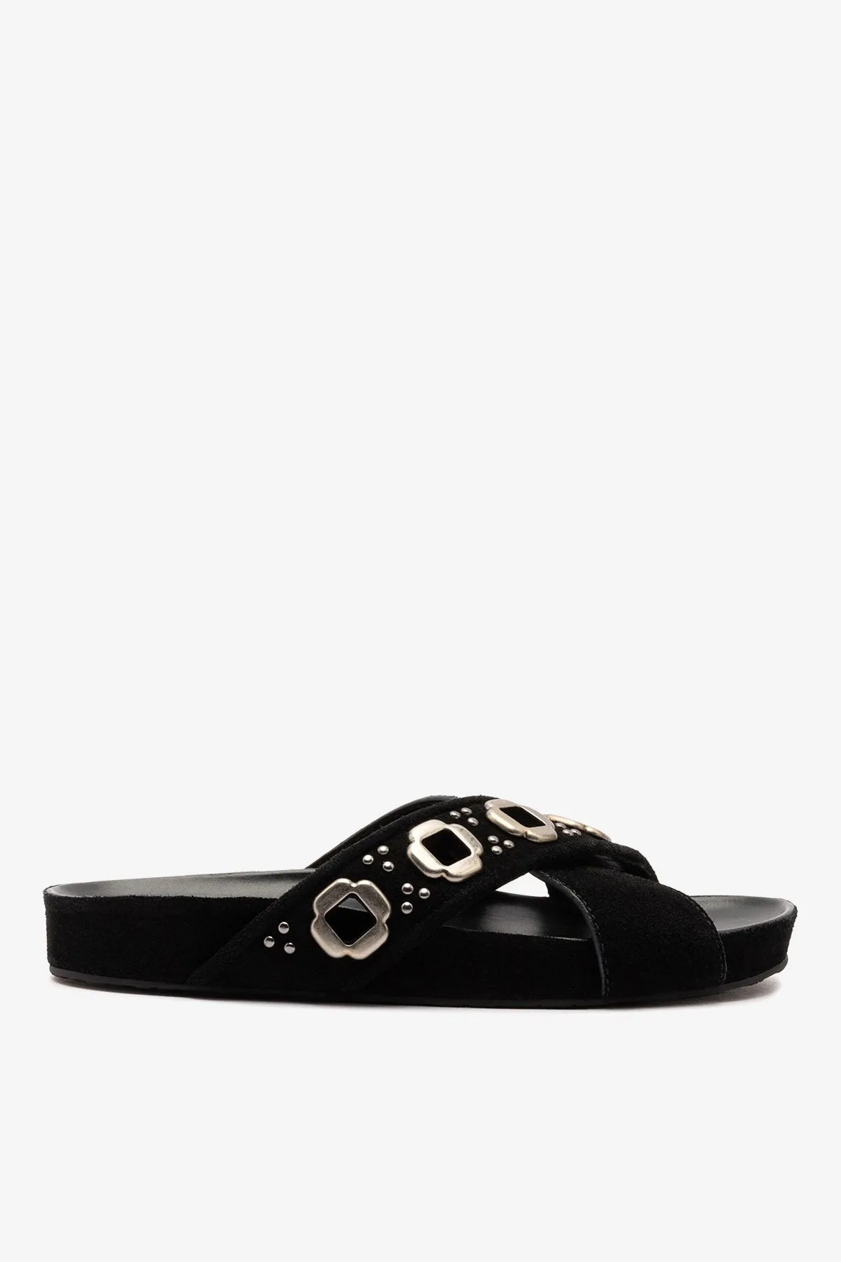 Milan Studs Slide In Black Suede sold by Larroude