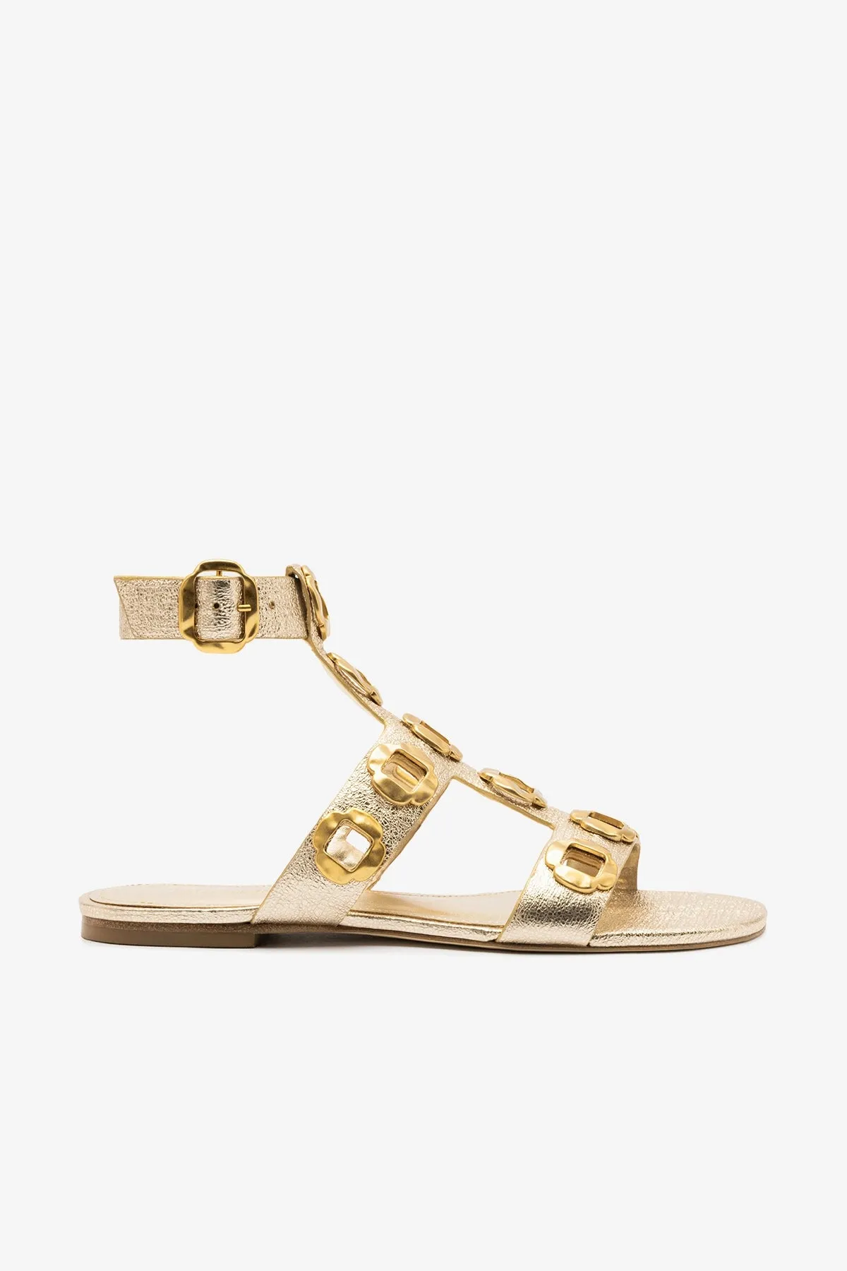 Milan Gladiator Flat In Platina Metallic Leather sold by Larroude