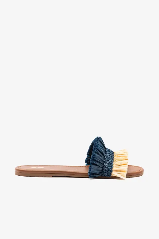 Bahia Fringe Flat In Beige And Navy Raffia made by Larroude