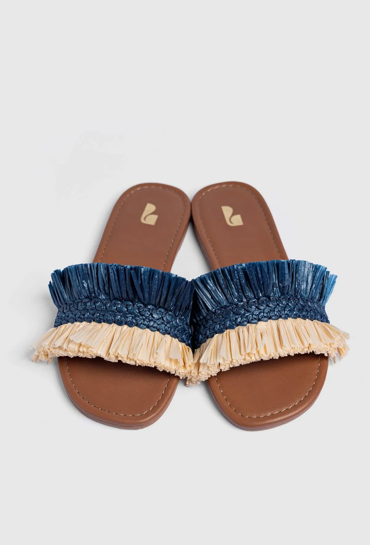 Bahia Fringe Flat In Beige And Navy Raffia sold by Larroude product image thumbnail 5