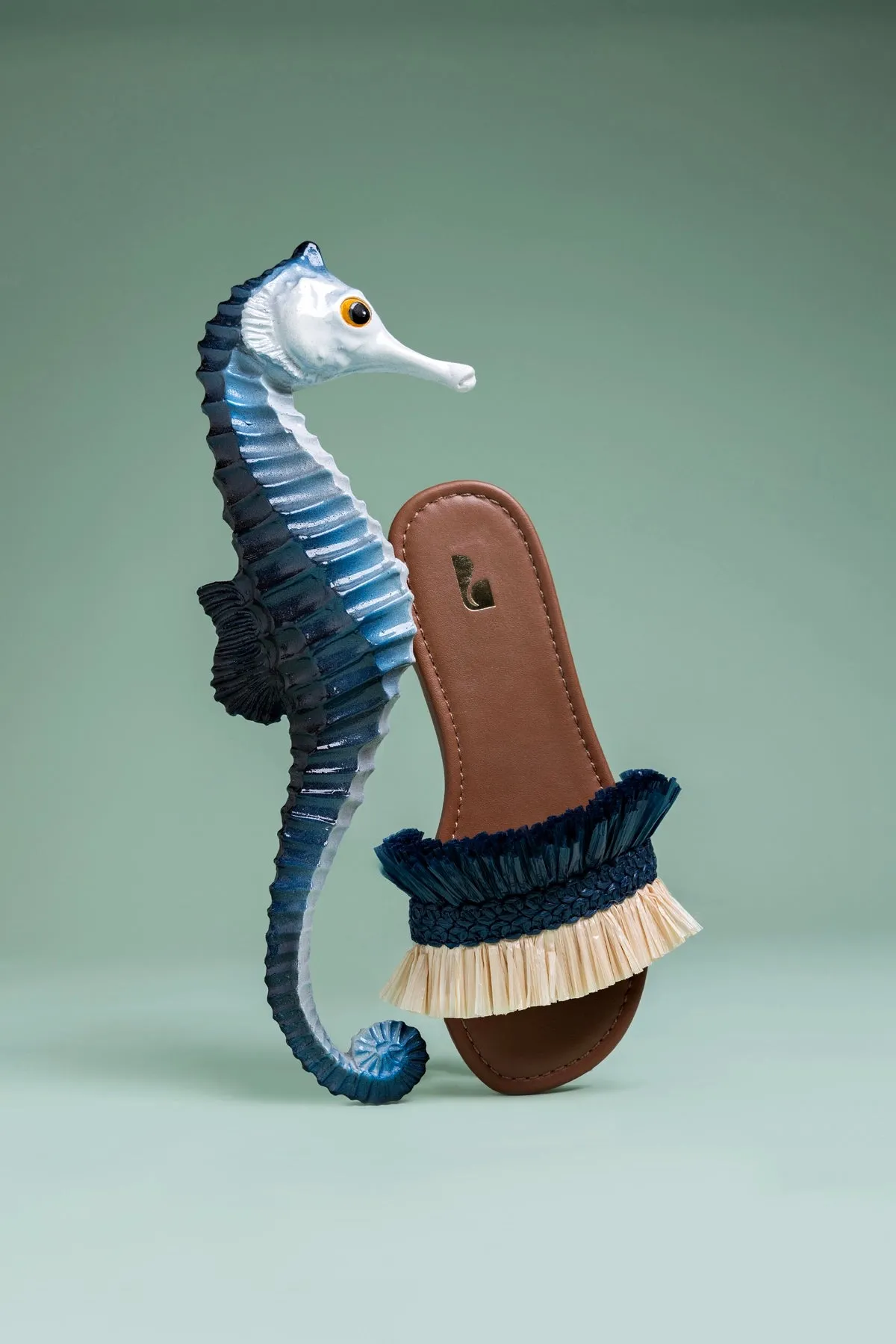 Bahia Fringe Flat In Beige And Navy Raffia sold by Larroude product image thumbnail 2