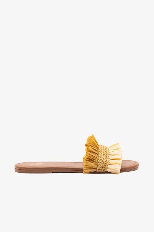 Bahia Fringe Flat In Beige And Peanut Raffia made by Larroude