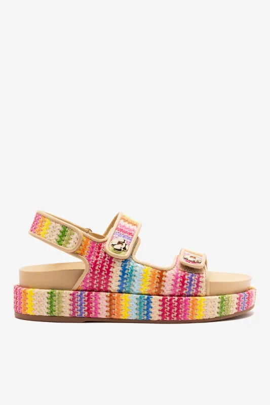 Jetty Sandal In Pink Raffia Lace and Beige Leather sold by Larroude