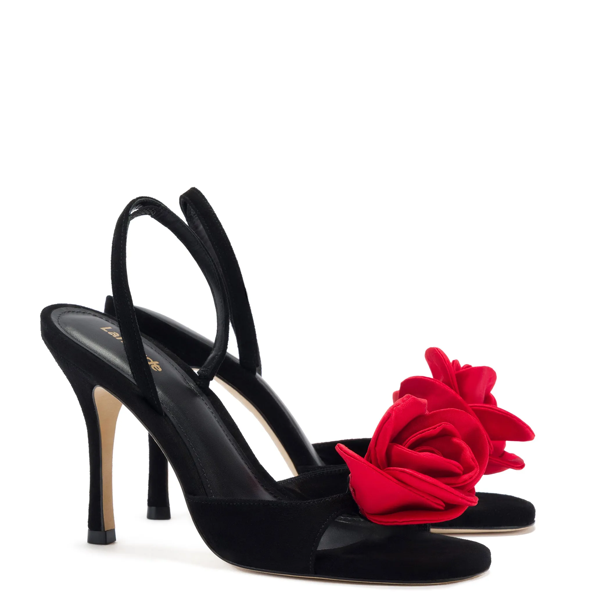 Salma Sandal In Black Suede and Scarlet Satin sold by Larroude product image thumbnail 2