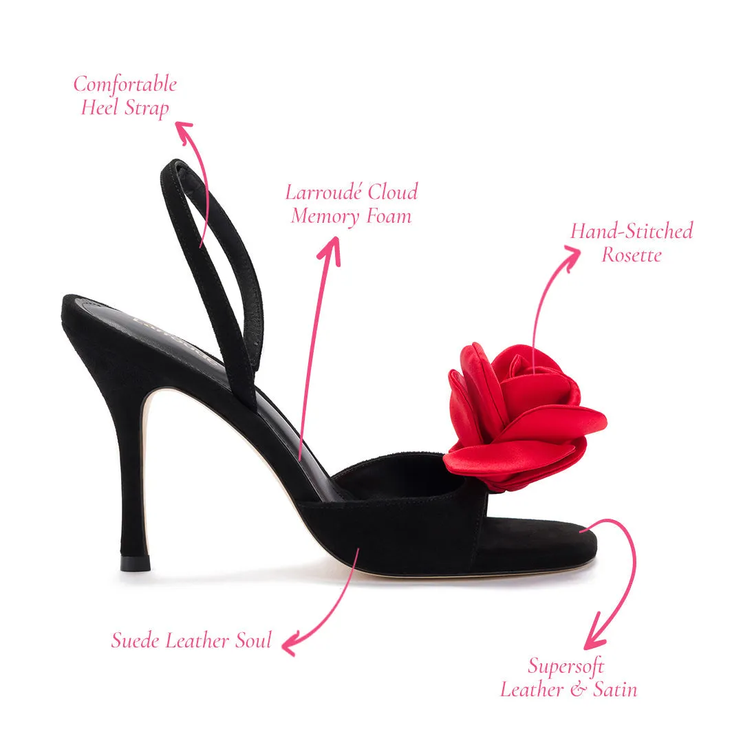 Salma Sandal In Black Suede and Scarlet Satin sold by Larroude product image thumbnail 5