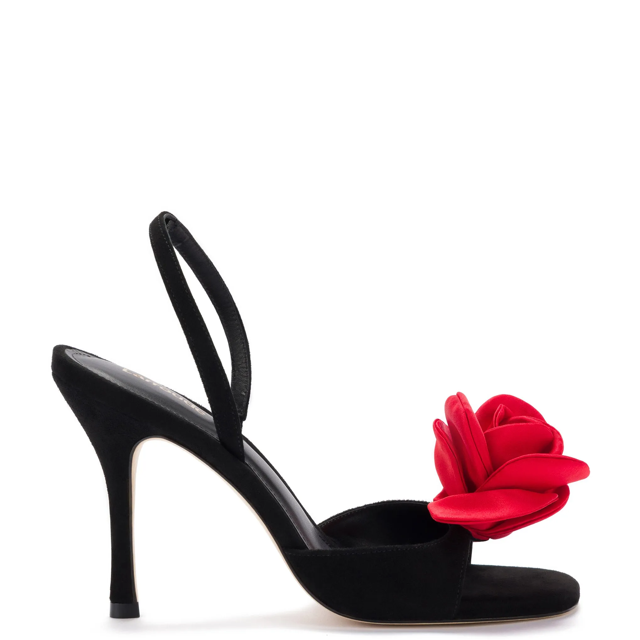 Salma Sandal In Black Suede and Scarlet Satin sold by Larroude