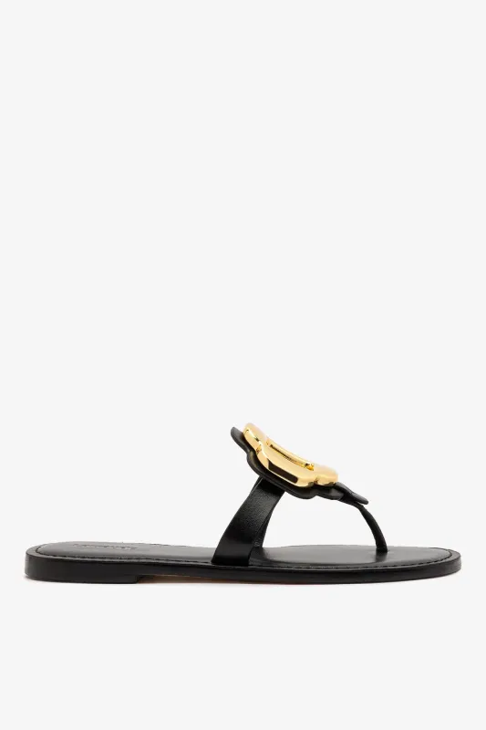 Margherita Thong Sandal in Black Leather and Gold Hardware sold by Larroude