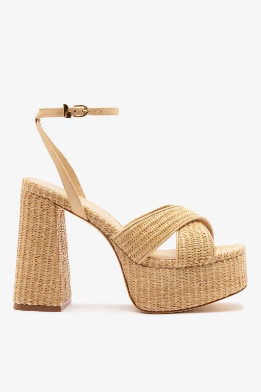 Dolly X Platform Sandal In Natural Raffia made by Larroude