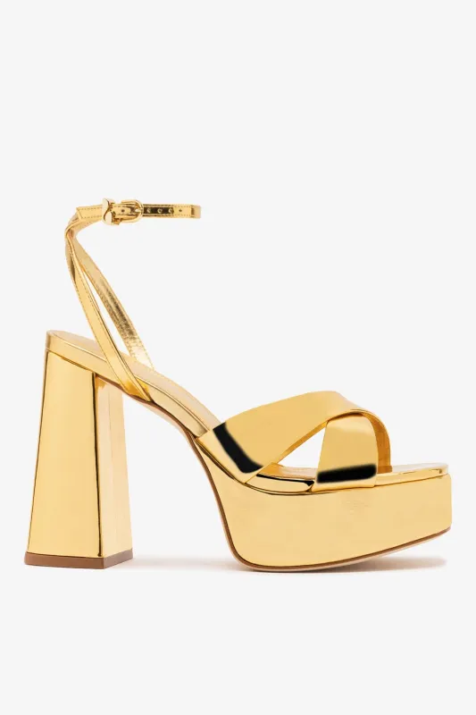 Dolly X Platform Sandal In Gold Specchio sold by Larroude