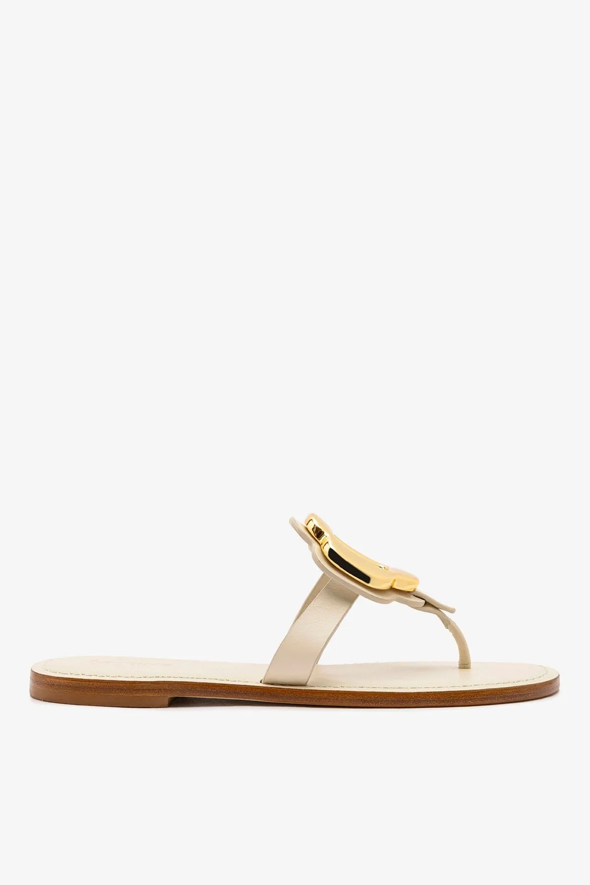Margherita Thong Sandal in Ivory Leather and Gold Hardware sold by Larroude