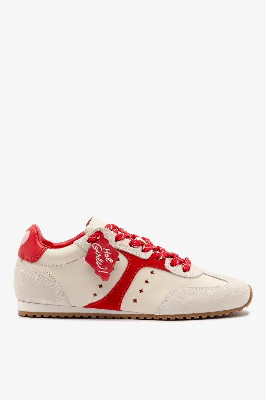Stella Amore Sneaker In Ivory Leather and Scarlet Suede made by Larroude