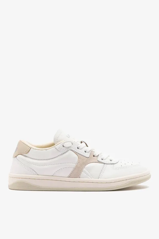 George Sneaker In White Leather and Mushroom Grey Suede made by Larroude