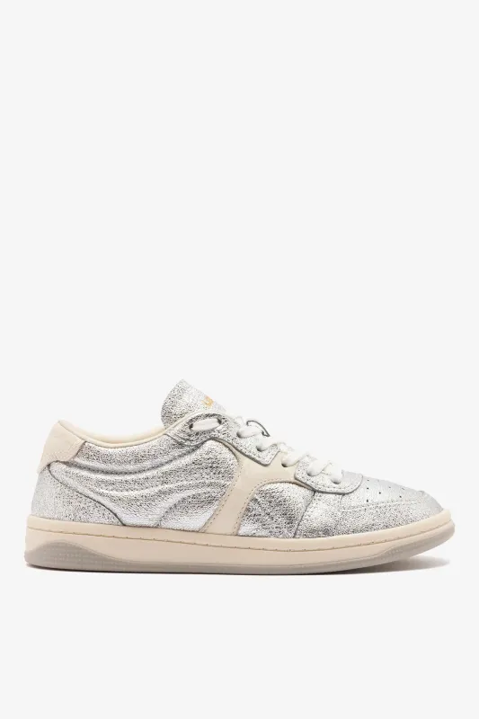 George Sneaker In Silver Sparkle Leather and Ivory Leather made by Larroude