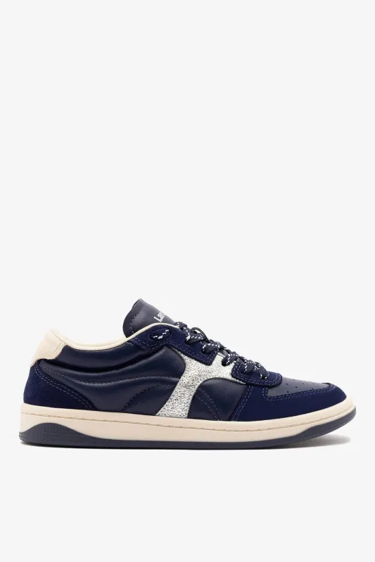 George Sneaker In Navy Suede and Silver Sparkle Leather made by Larroude