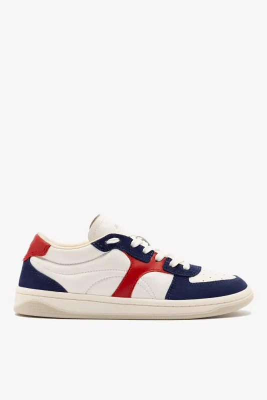 George Sneaker In White and Blood Red Leather and Navy Suede made by Larroude