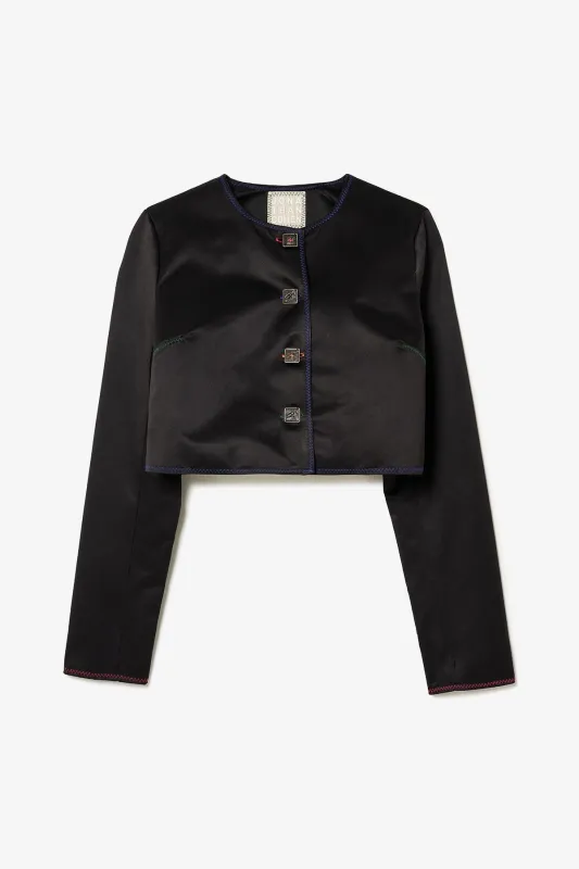 Gloria Cropped Jacket In Black Satin sold by Larroude