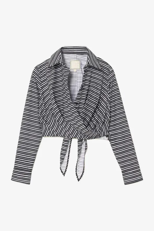 Rose Wrap Top In Black and White Striped Cotton sold by Larroude
